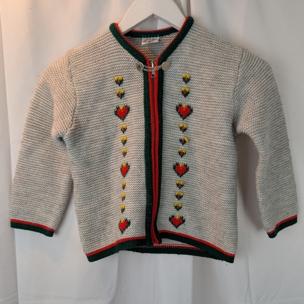 St Peter Trachten Cardigan Sweater Gray Red Green Hearts Folk Wool in EUC